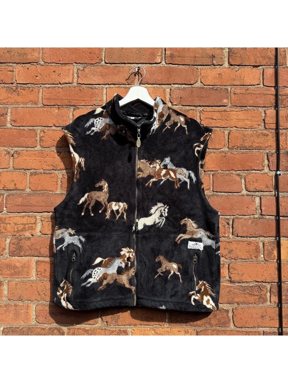 Vintage equestra horses all over print fleece vest 90s L
